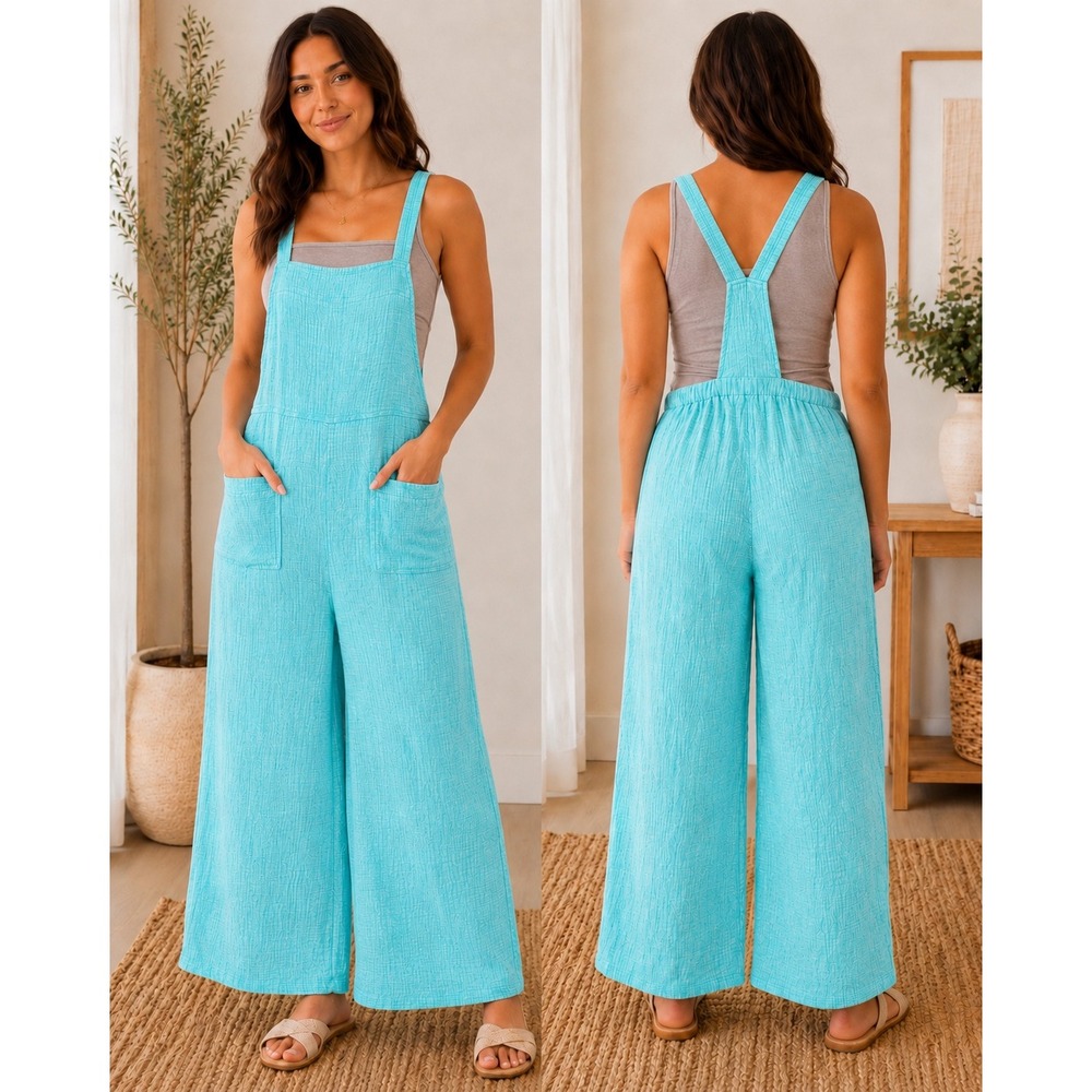 205. New Zenana Mint Sky Aqua Blue Gauze Wide Leg Overalls Jumpsuit w/Pockets